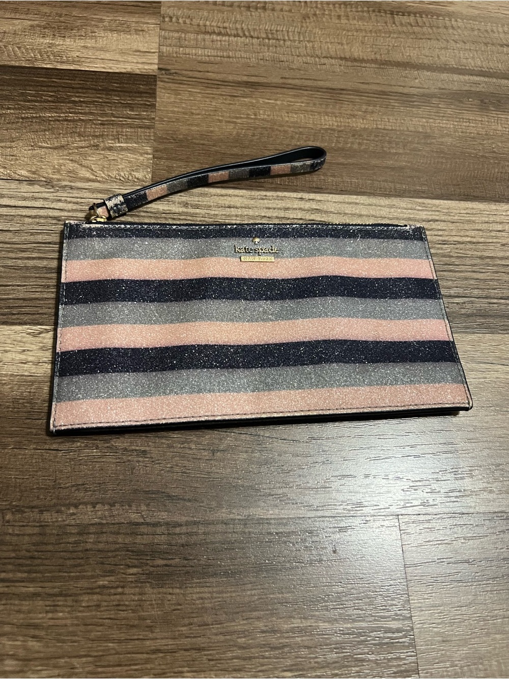 Kate Spade Glitter Striped Wristlet in Navy and Blush